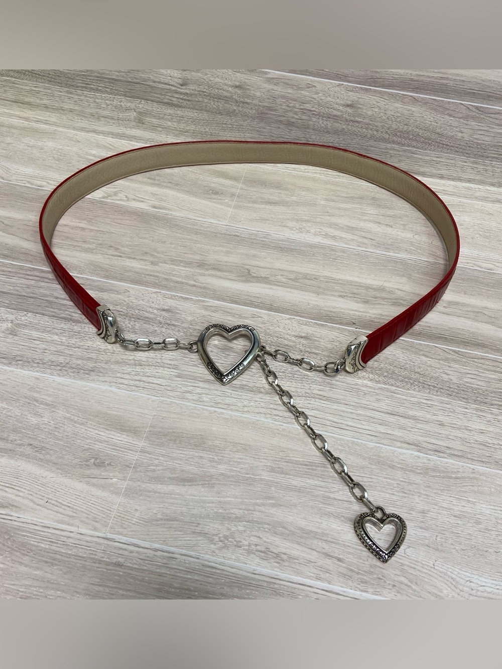 Red Leather Embosses Belt with Silver Chain and Heart Buckle